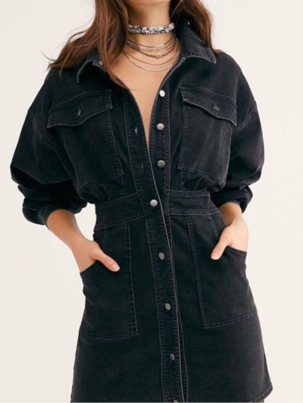 Free People Bo Denim Mini Dress (Black, XS)